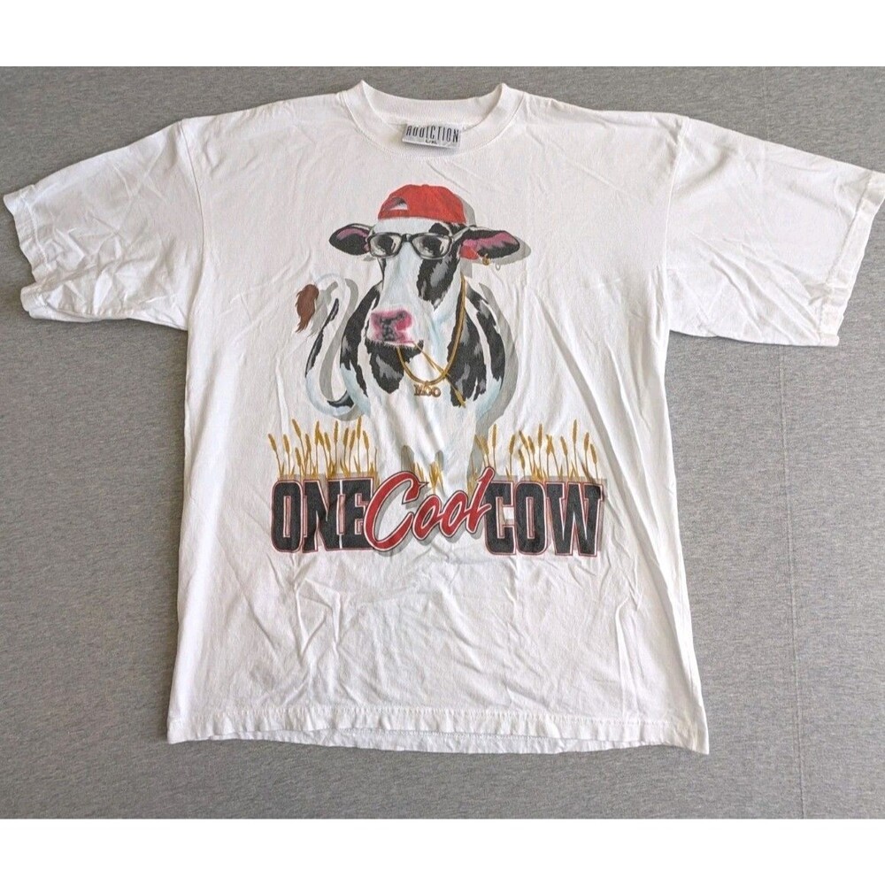 Vintage One Cool Cow Funny Graphic T-Shirt Mens L/XL White Addiction